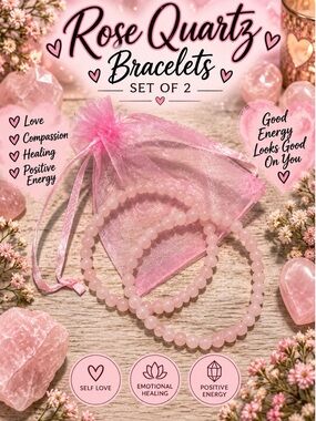 Rose Quartz Bracelet Set of 2 — Pink Beaded Stretch Bracelets - Dainty